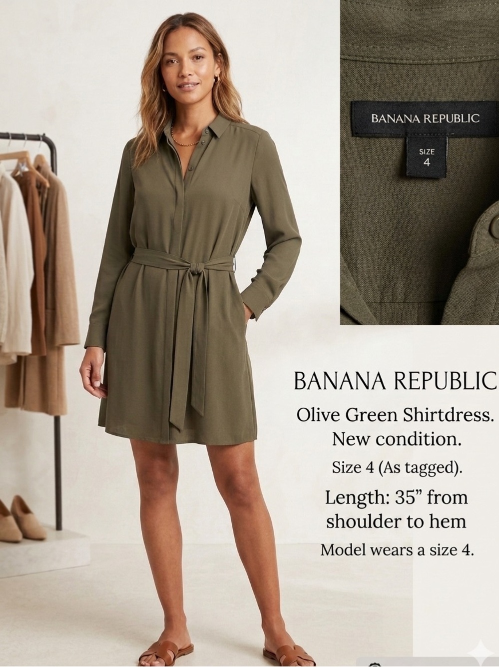 Banana Republic Olive Green Long Sleeve Shirtdress